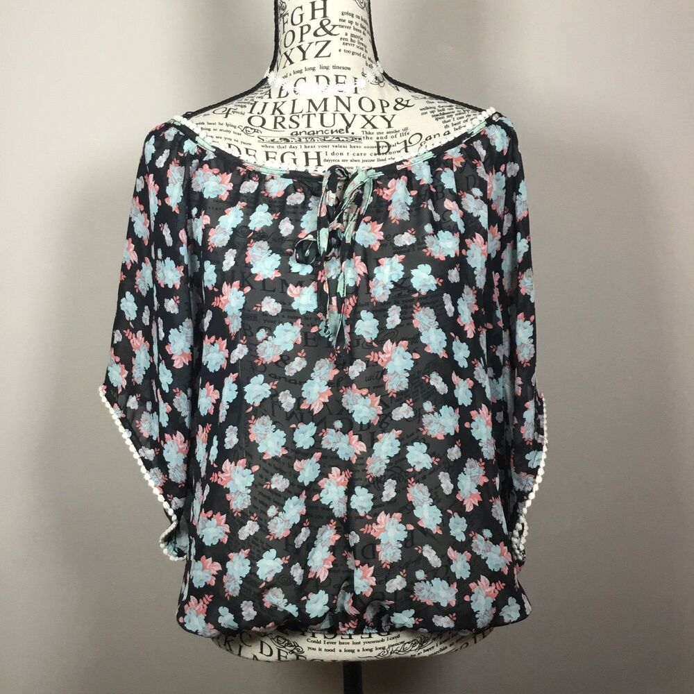 Sheer cover up top crochet hem black with floral beach summer vacation XL